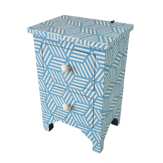 Sky blue bone inlay bedside table with two drawers