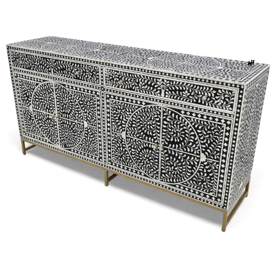 Black Bone Inlay Buffet Cabinet – 4-Door Sideboard Black bone inlay buffet cabinet in floral pattern