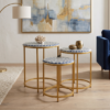 Bone inlay nesting tables set of 3 with navy blue and white mosaic top and gold metal frame