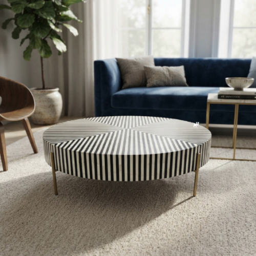 Round bone inlay center table with black and white chevron pattern