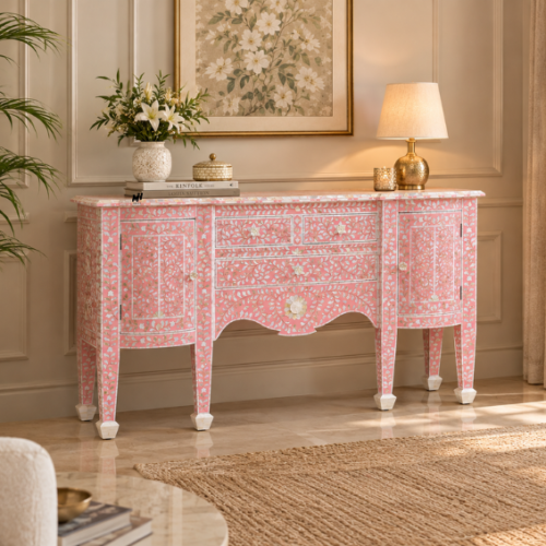 Pink mother of pearl inlay sideboard with floral pattern