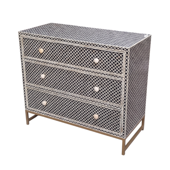 Black and white bone inlay chest of drawers in scalloped pattern Bone Inlay Chest of Drawers | Black & White Dresser