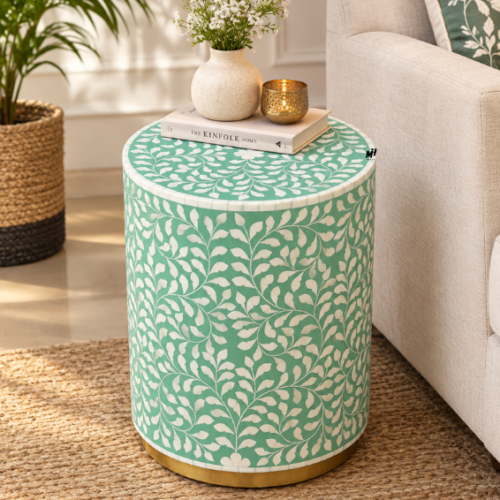 Turquoise bone inlay floral side table with brass base Bone Inlay Floral Round Side Table | Turquoise End Table