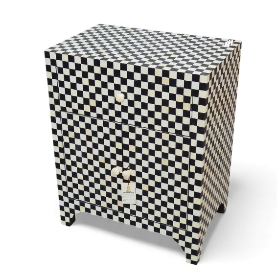 Black and white bone inlay checkered nightstand with one drawer & two cabinet Bone Inlay Nightstand | Black and White Bedside Table