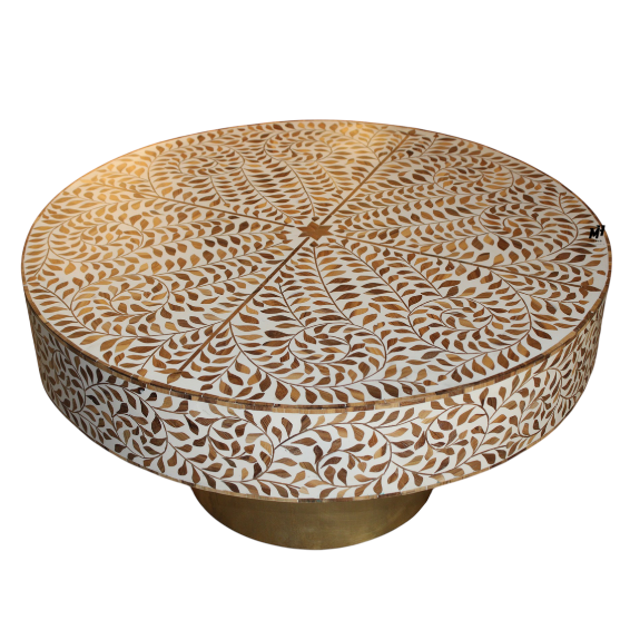 Round teak inlay floral coffee table with brass base Wooden Teak Inlay Coffee Table | Floral Center Table