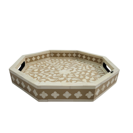 Bone inlay octagonal beige floral serving trays