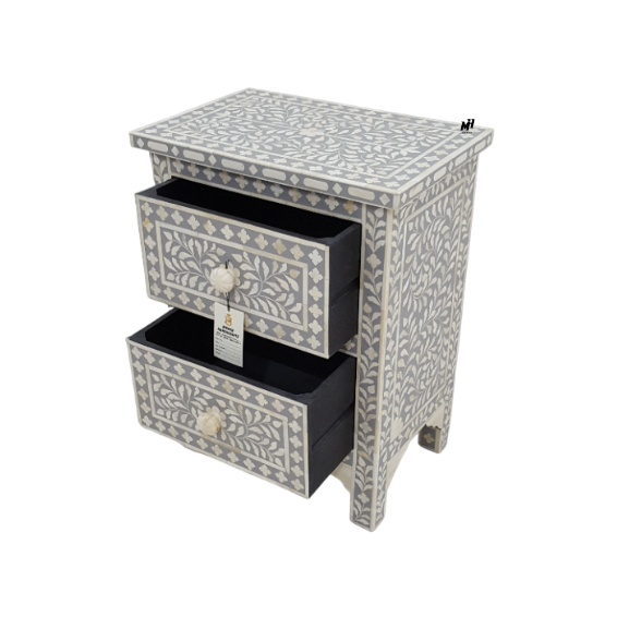 Grey bone inlay bedside table with floral pattern and two drawers Bedside Table
