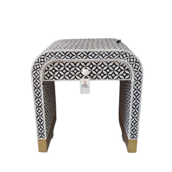 Black and white bone inlay waterfall nightstand with geometric leaf pattern and brass base Bone Inlay Bedside Table | Black Nightstand