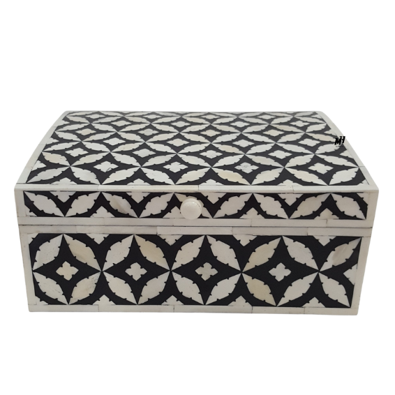 Bone-Inlay-Black-Leaf-Pattern-Jewelry-Box Black and white bone inlay jewelry box with handmade leaf pattern