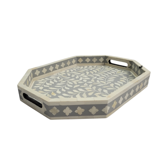 Bone inlay grey serving trays in floral pattern