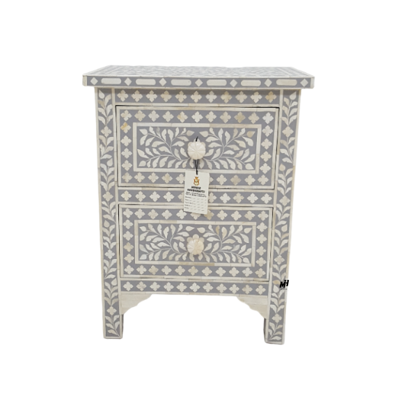 Grey bone inlay bedside table with floral pattern and two drawers Bedside Table