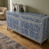 Navy Blue Bone Inlay Buffet Cabinet – 4-Door Sideboard Navy blue bone inlay buffet cabinet in floral pattern