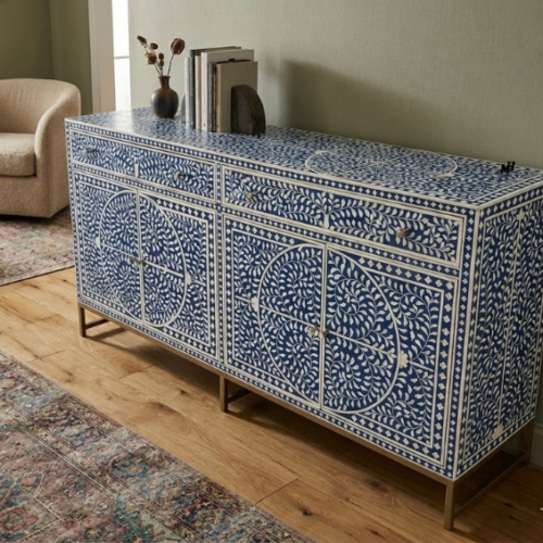 Navy blue bone inlay buffet cabinet in floral pattern