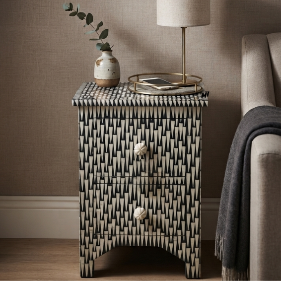 Black and white bone inlay bedside table | Wooden Nightstand Bedside Table | Nightstand