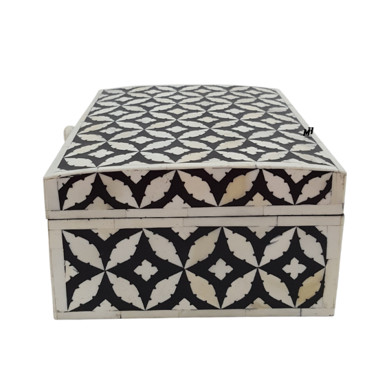Bone-Inlay-Black-Leaf-Pattern-Jewelry-Box Black and white bone inlay jewelry box with handmade leaf pattern