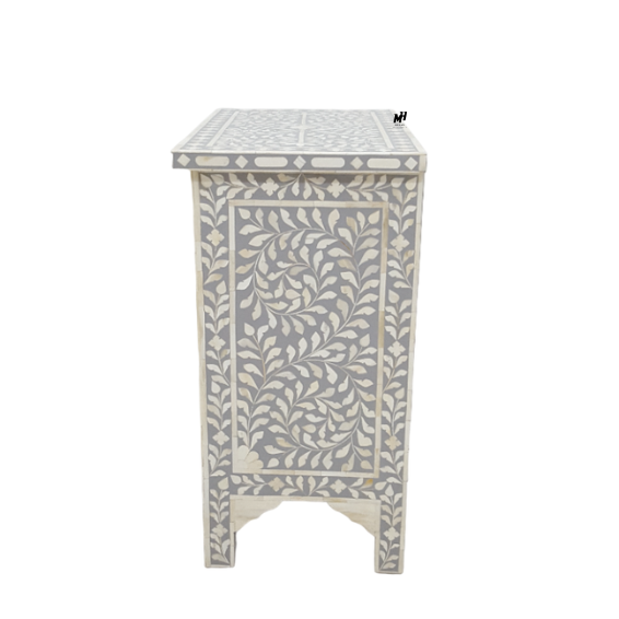 Grey bone inlay bedside table with floral pattern and two drawers Bedside Table