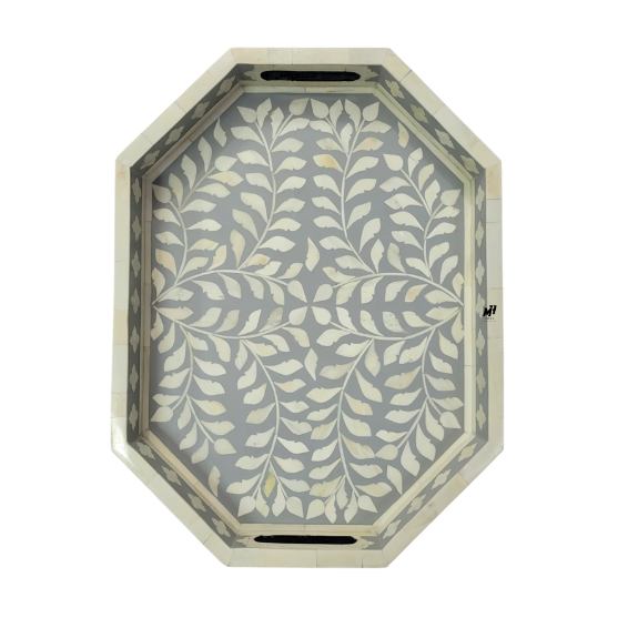 Bone inlay grey serving trays in floral pattern