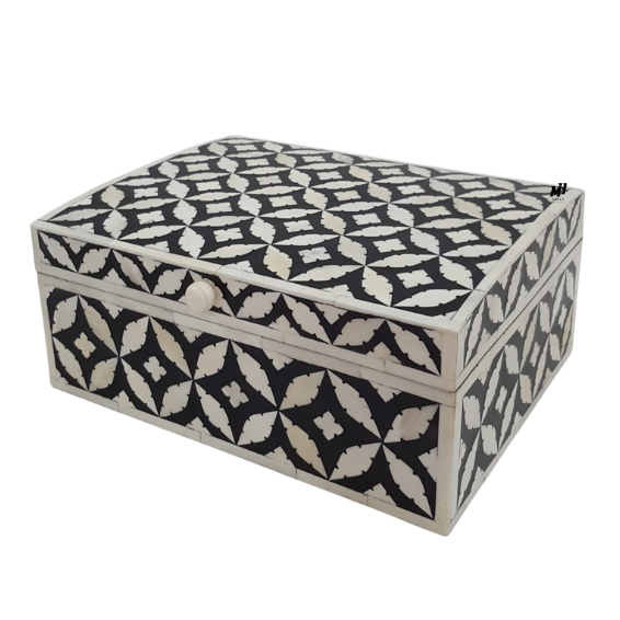 Bone-Inlay-Black-Leaf-Pattern-Jewelry-Box Black and white bone inlay jewelry box with handmade leaf pattern