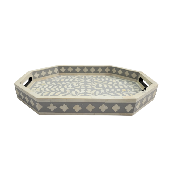 Bone inlay grey serving trays in floral pattern