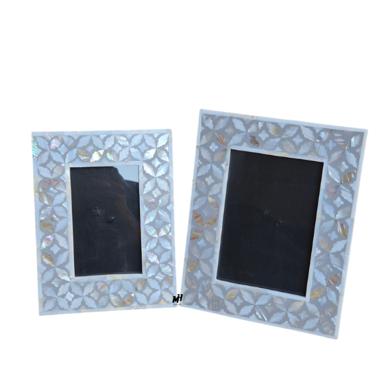 Set of two grey mother of pearl inlay photo frames in leaf pattern