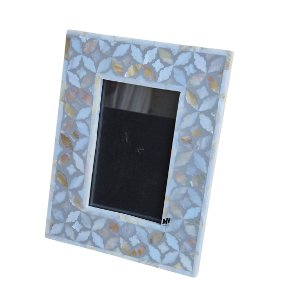 Set of two grey mother of pearl inlay photo frames in leaf pattern