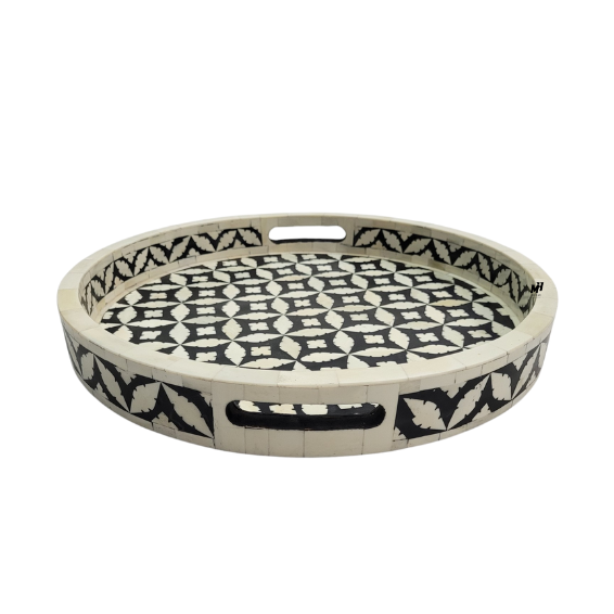 Round black and white bone inlay serving trays in geometric pattern