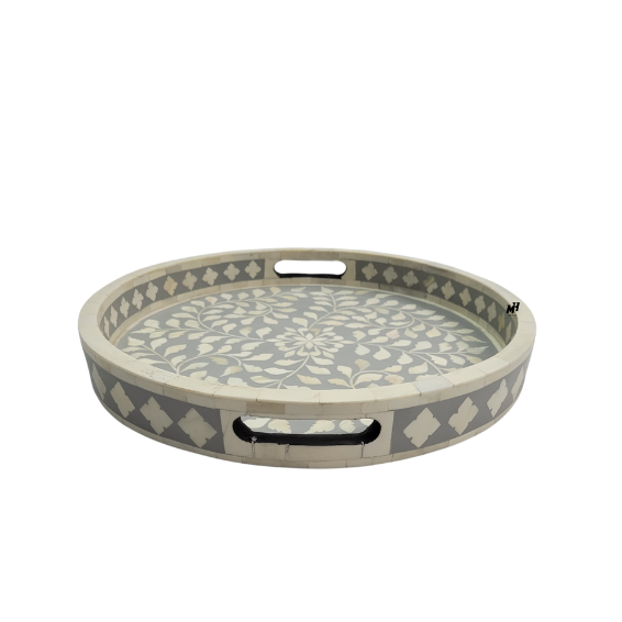 Round bone inlay grey serving trays in floral pattern