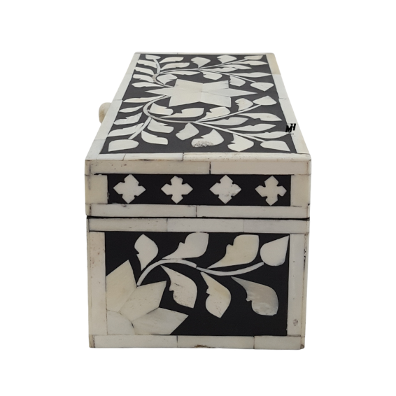 Black and white bone inlay floral keepsake box with wooden frame