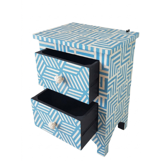 Sky blue bone inlay bedside table with two drawers