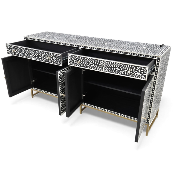 Black Bone Inlay Buffet Cabinet – 4-Door Sideboard Black bone inlay buffet cabinet in floral pattern