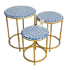 Bone inlay nesting tables set of 3 with navy blue and white mosaic top and gold metal frame