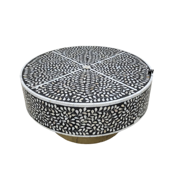 Black mother of pearl inlay round coffee table with brass base Coffee Table