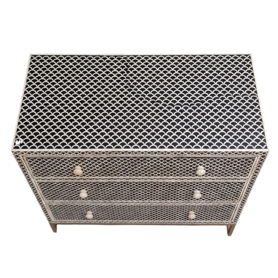 Black and white bone inlay chest of drawers in scalloped pattern Bone Inlay Chest of Drawers | Black & White Dresser