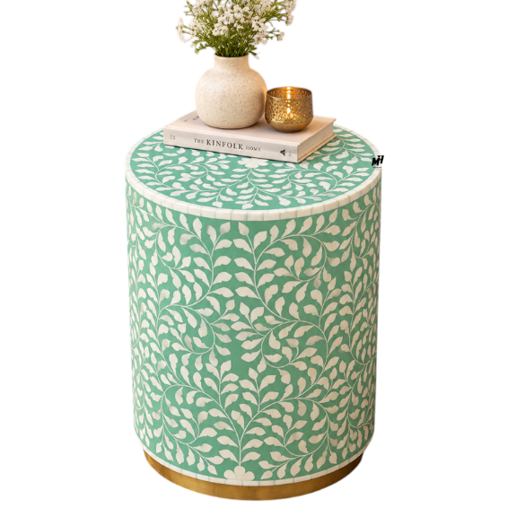 Bone Inlay Floral Round Side Table | Turquoise End Table