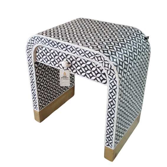 Black and white bone inlay waterfall nightstand with geometric leaf pattern and brass base Bone Inlay Bedside Table | Black Nightstand