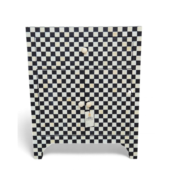 Black and white bone inlay checkered nightstand with one drawer & two cabinet Bone Inlay Nightstand | Black and White Bedside Table