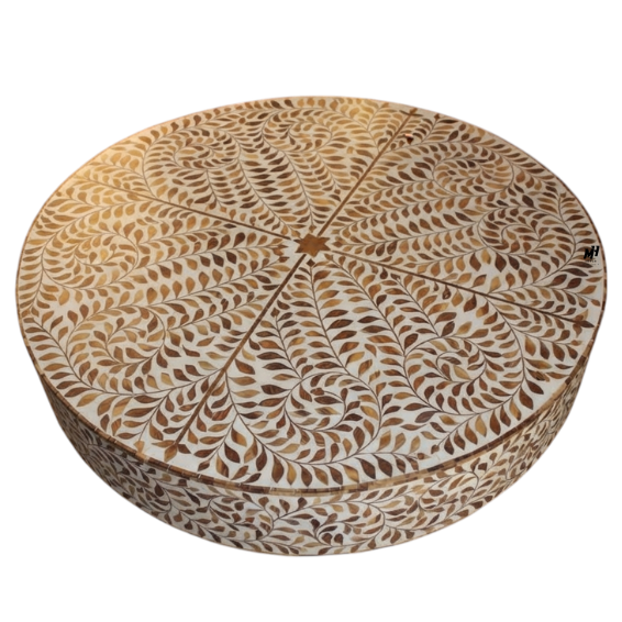 Round teak inlay floral coffee table with brass base Wooden Teak Inlay Coffee Table | Floral Center Table