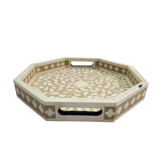 Bone inlay octagonal beige floral serving trays