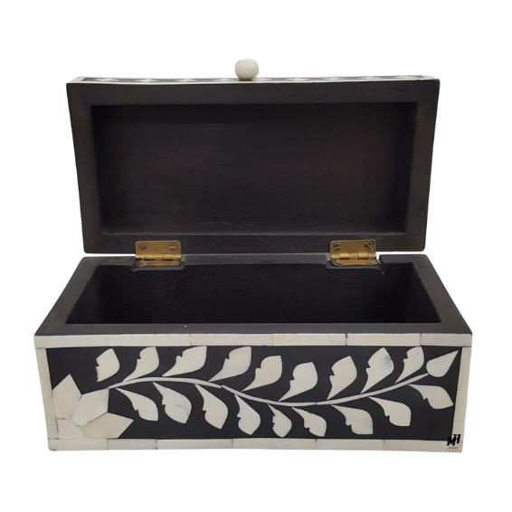 Black and white bone inlay floral keepsake box with wooden frame
