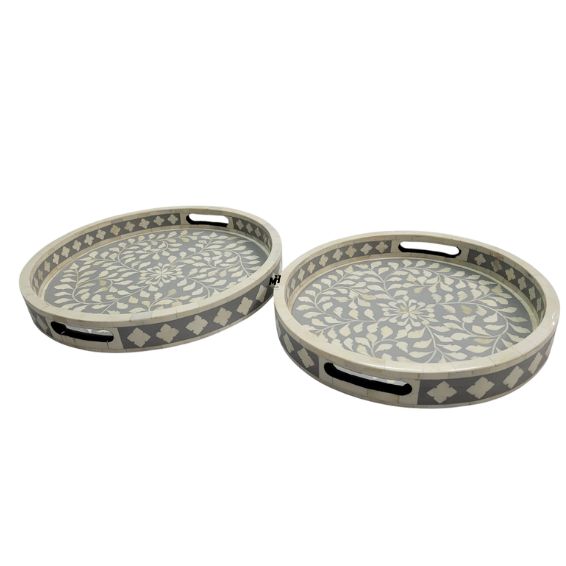 Round bone inlay grey serving trays in floral pattern
