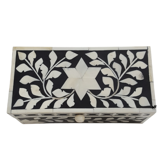 Black and white bone inlay floral keepsake box with wooden frame