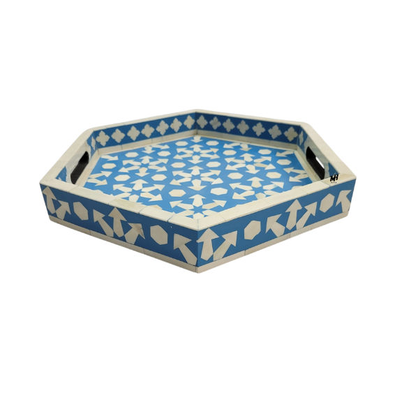 Set of 2 hexagonal bone inlay blue serving trays