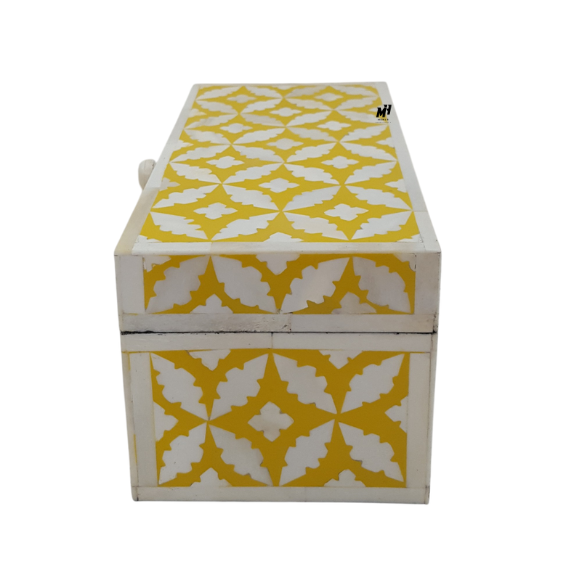 Yellow and white bone inlay keepsake box with handmade leaf pattern