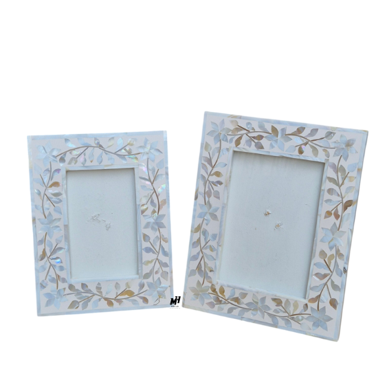 Set of two white mother of pearl inlay photo frames