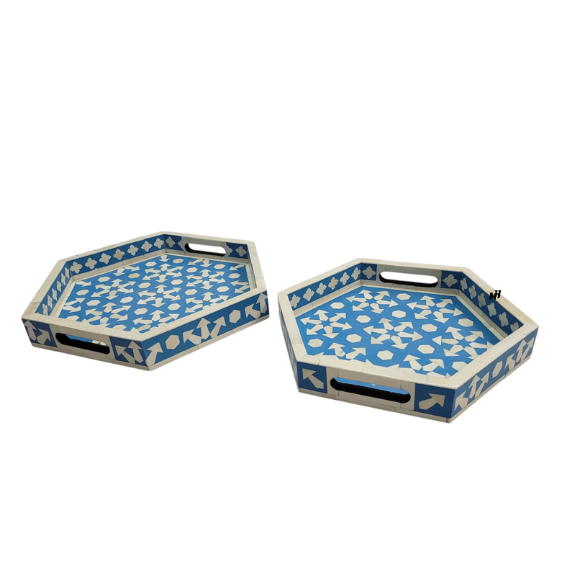 Set of 2 hexagonal bone inlay blue serving trays