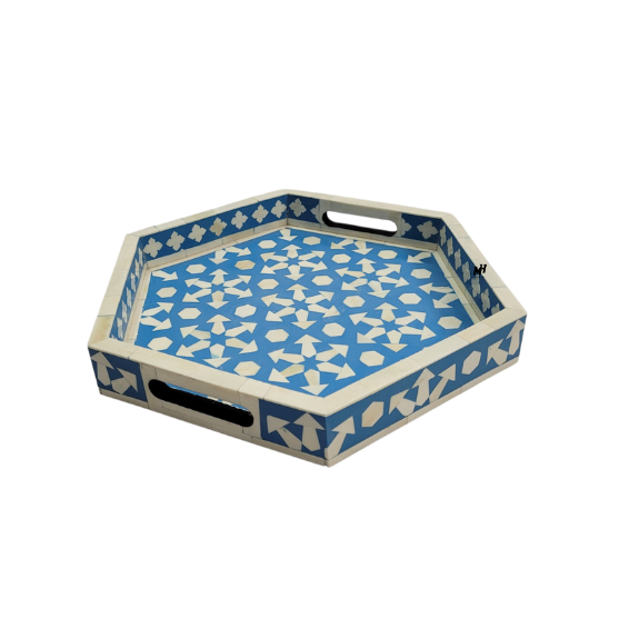 Set of 2 hexagonal bone inlay blue serving trays