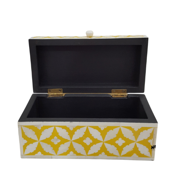 Yellow and white bone inlay keepsake box with handmade leaf pattern
