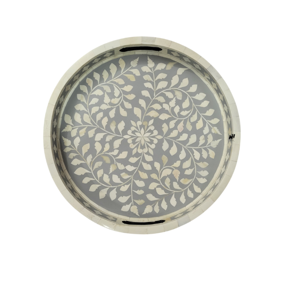 Round bone inlay grey serving trays in floral pattern