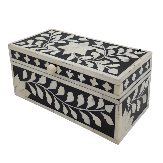Black and white bone inlay floral keepsake box with wooden frame