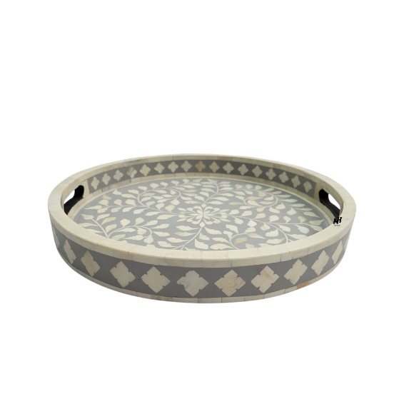 Round bone inlay grey serving trays in floral pattern